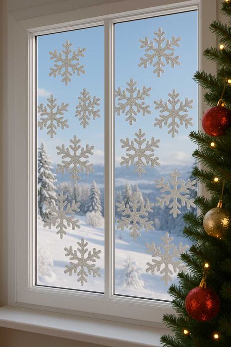 Наліпки "Сніжинки" для новорічного декору вітрин, для дому та вікон