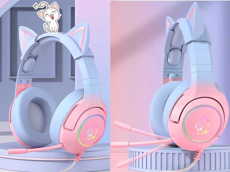 Słuchawki Dla Graczy Różowe Kocie Uszy LED Gamingowe Na PC PS5 Laptop
