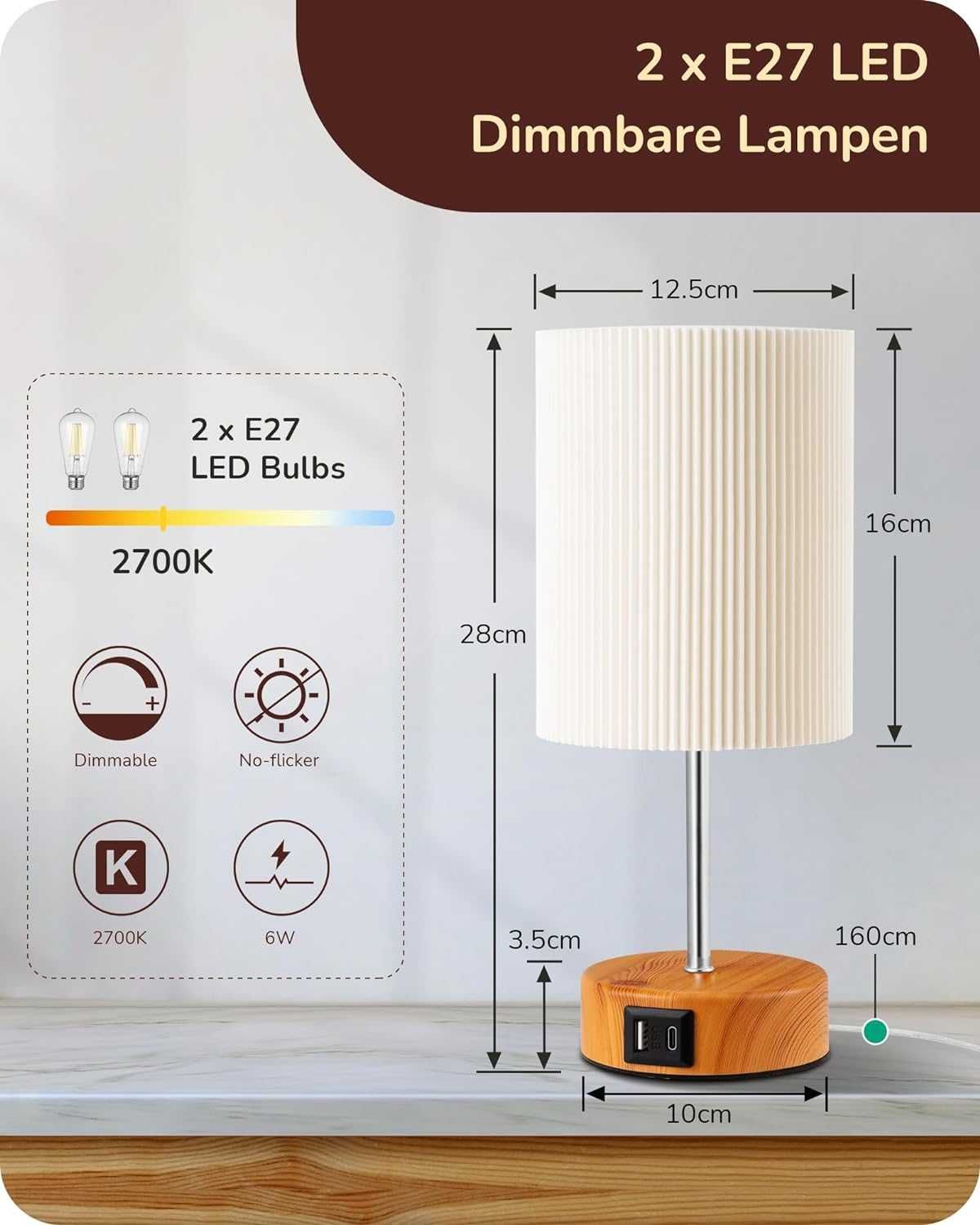 Lampka nocna LED, dotykowa, ściemniana, zestaw 2 szt.,2 porty USB