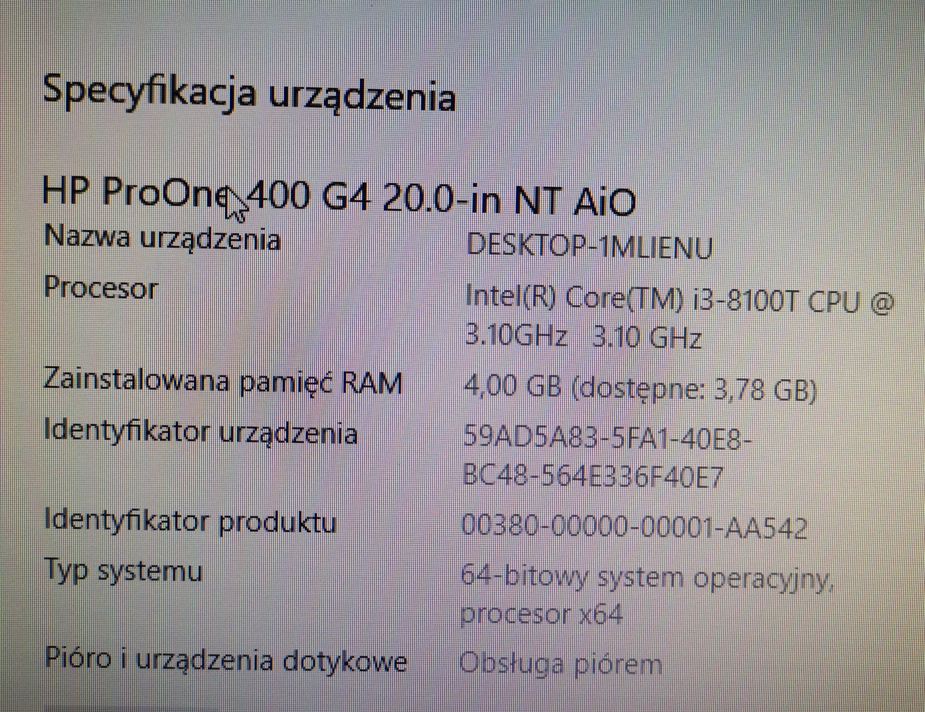 Komputer HP ProOne 400 20.0-in NT AiOG4