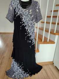 Długa czarna cienka vintage sukienka fioletowe kwiaty 40 L/XL falbanki