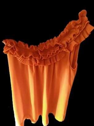 Pomarańczowa Sukienka tunika na jedno ramię plisa żabot aplikacja