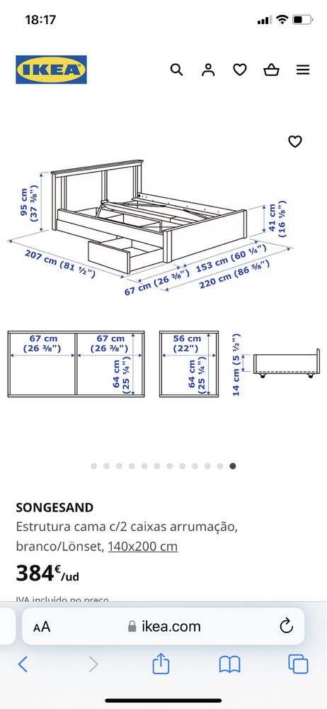 Cama de casal com arrumação, ikea songesan