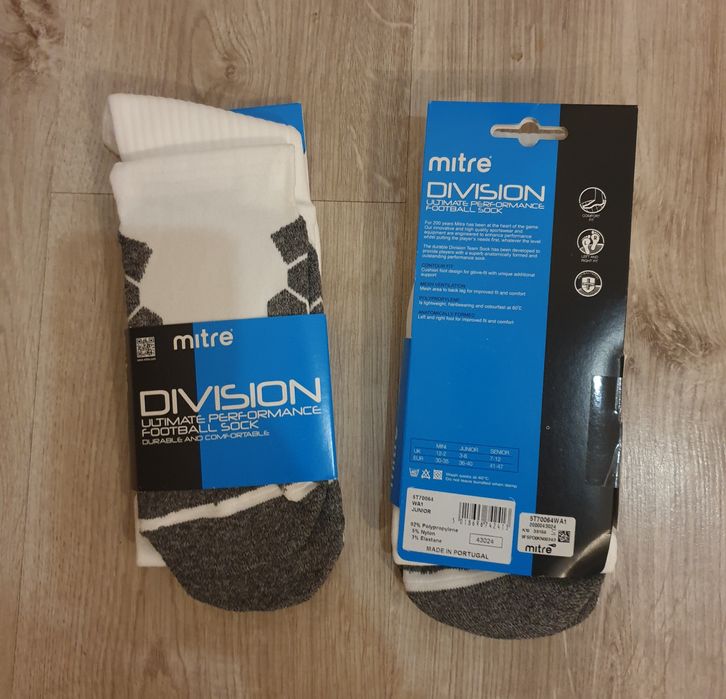 2 Pary Białe Getry Piłkarske MITRE Division,rozmiar 36-40