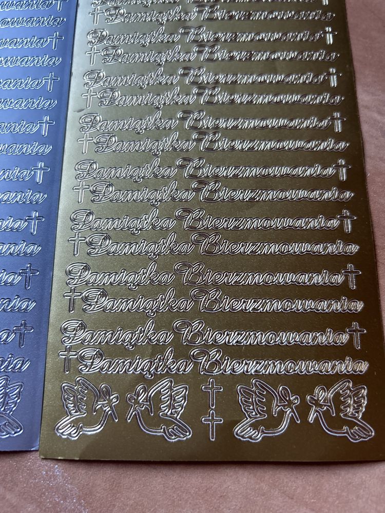 Naklejki ażurowe stickersy złoty i stebrny napis Pamiątka Bierzmowania
