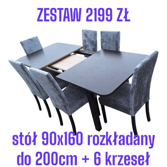 Stół 90x160/200 + 6 krzeseł, NOWE, Kolor do wyboru, dostawa cała PL