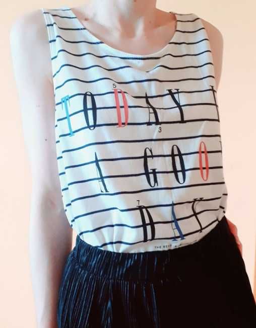 40 42 Nowy top T-shirt bluzka długi biały paski napis bawełna Mango