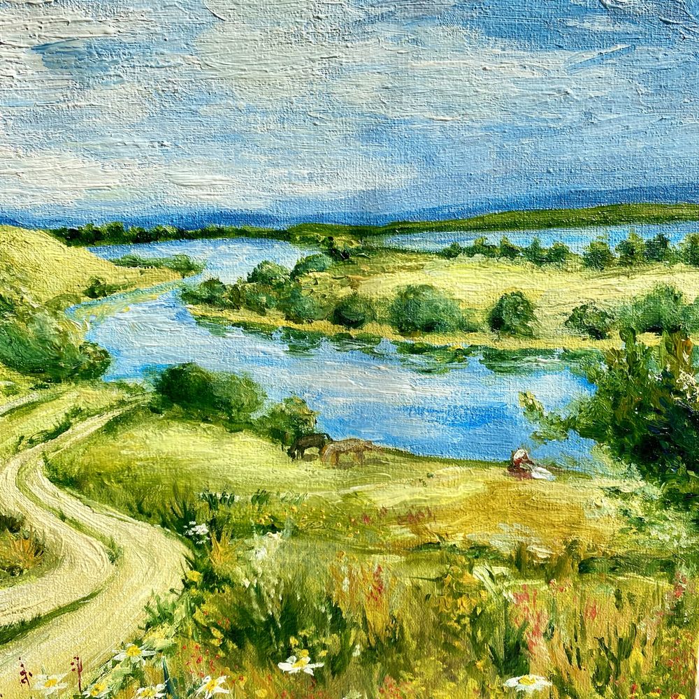 картина маслом Хутор у реки Украина грунтованный картон 30 на 40