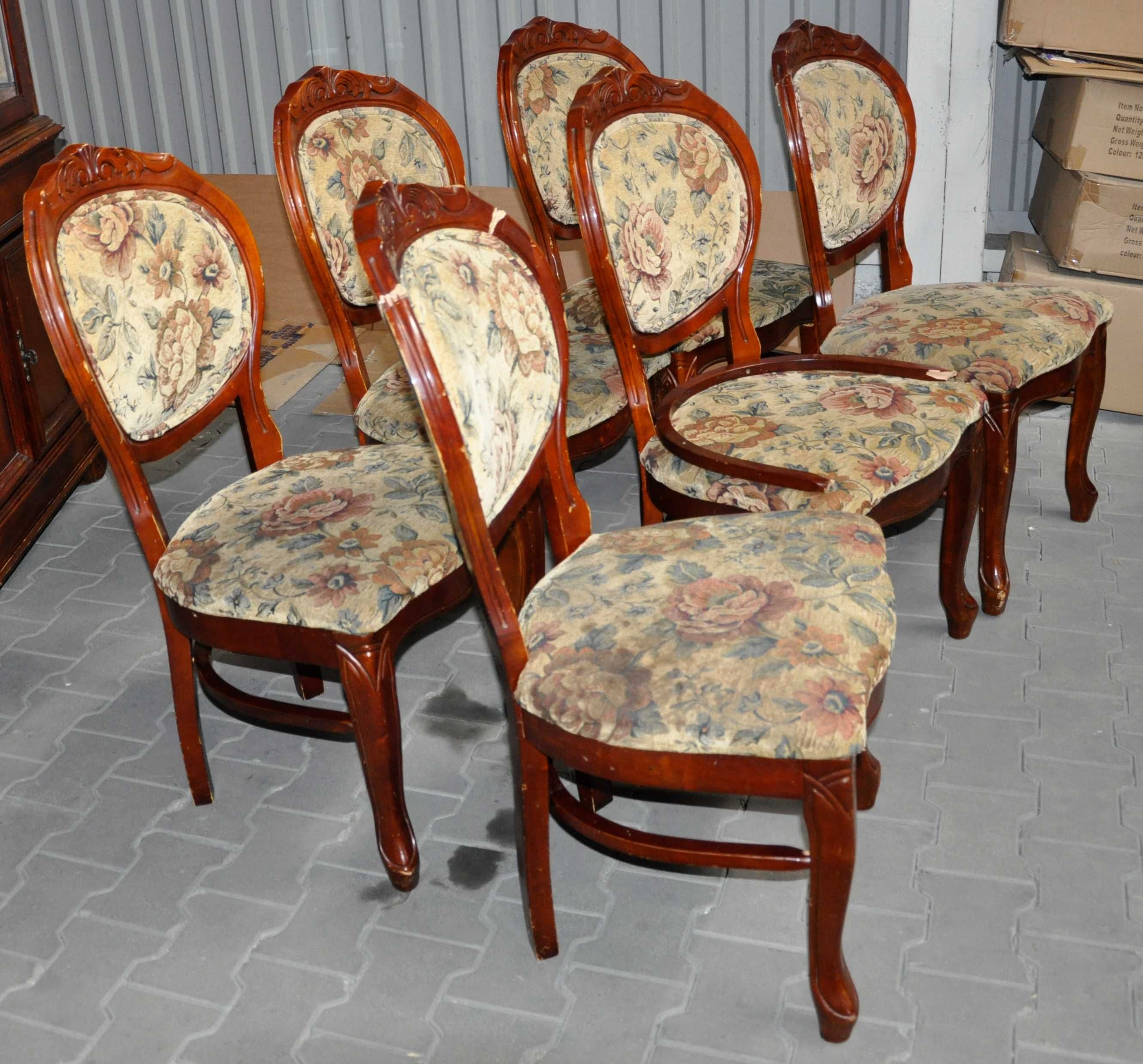 Krzesła Tapicerowane Rzeźbione Szerokie Duże Używane Drewno Mahoń