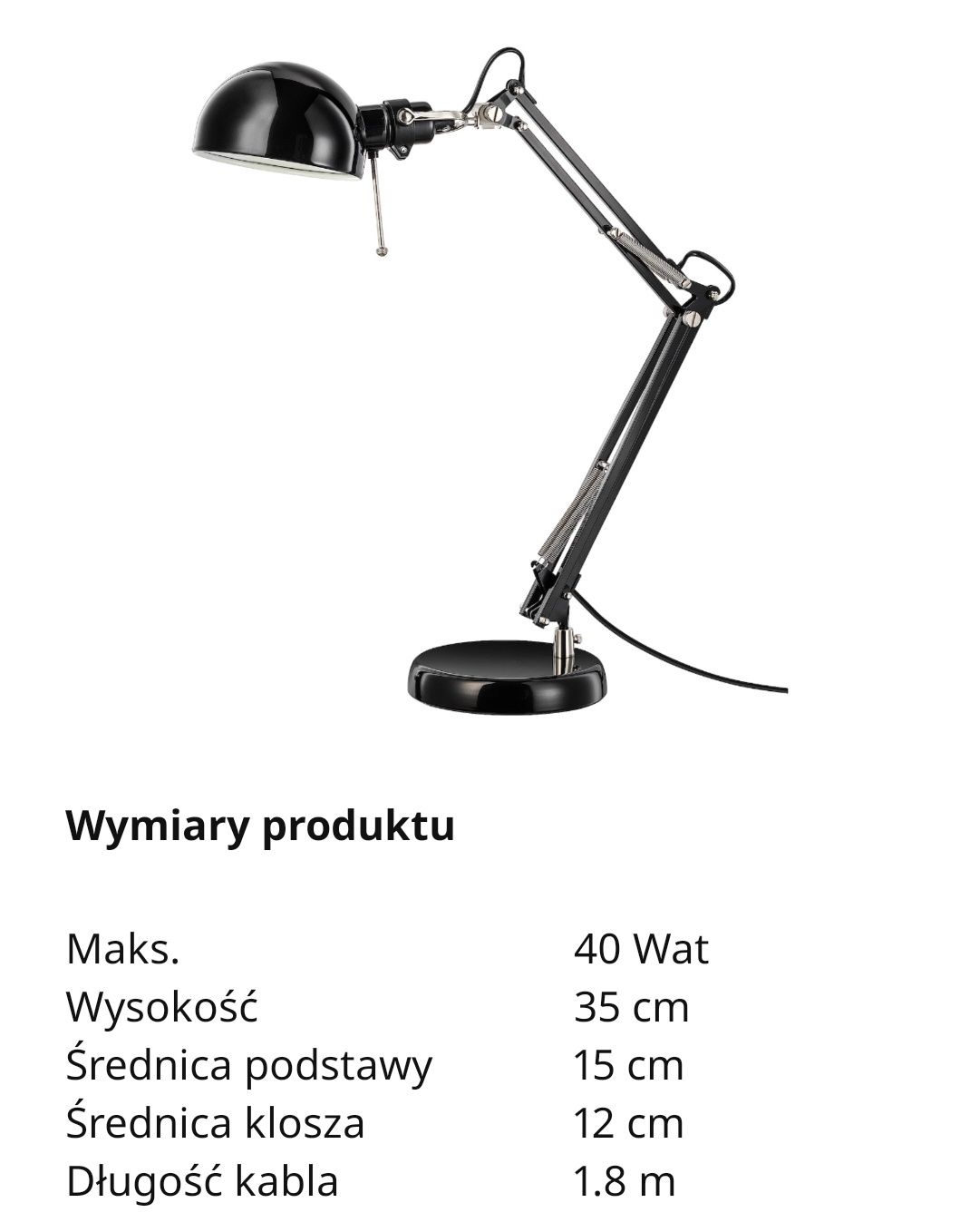 Forsa Ikea lampka biurkowa czarna  jak nowa