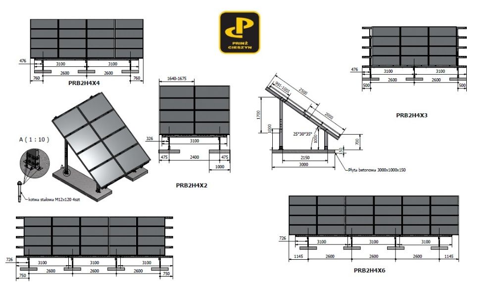 Konstrukcja fotowoltaiczna na beton, PRB2H4x6, Konstrukcja pod panele