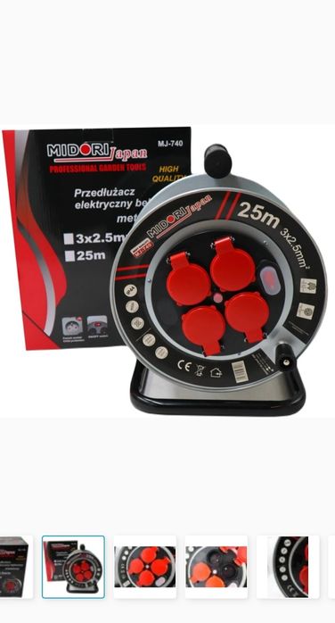 Przedłużacz 25m z klapkami metalowy bęben 3x2.5mm grube żyły z uziemie