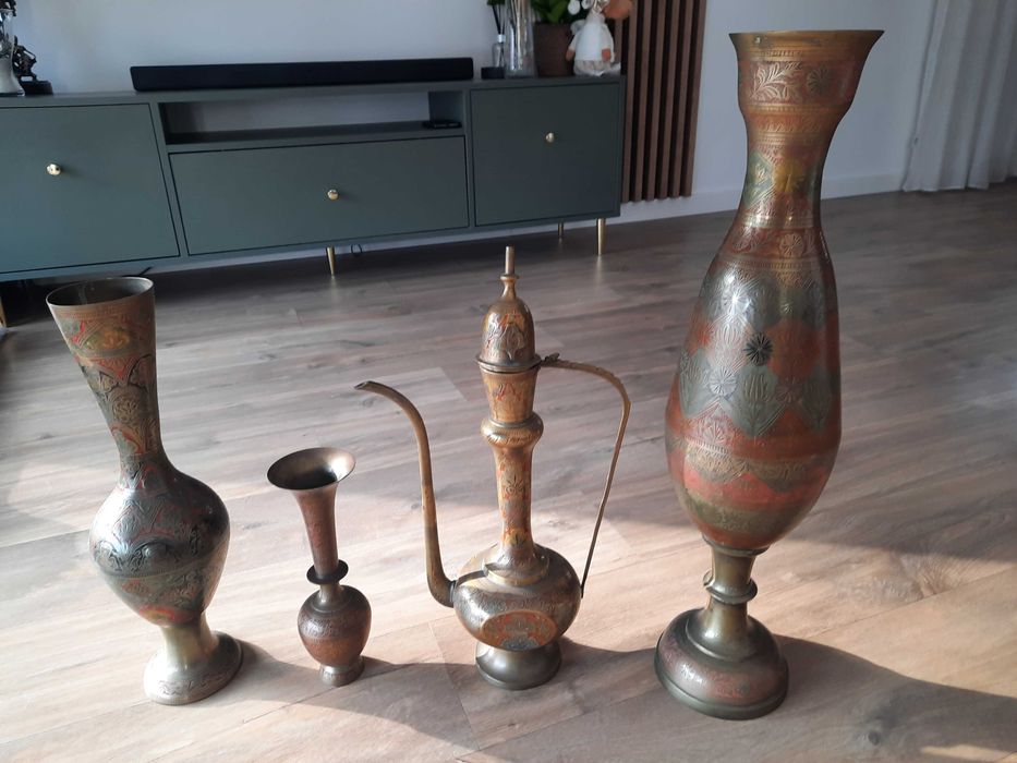 Zestaw 4 szt 3 flakony i Amfora dzban miedziane piękne duze