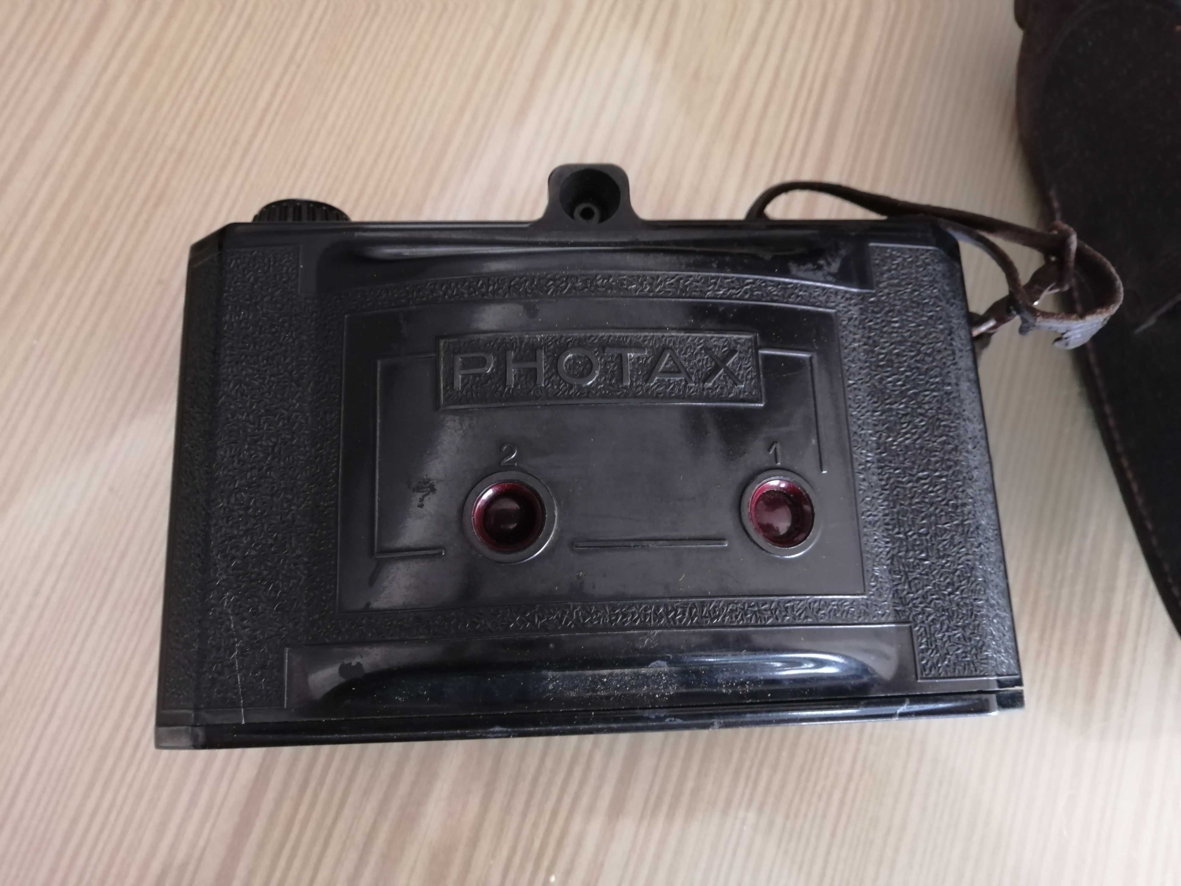 antiga máquina fotografica photax com bolsa em cabedal