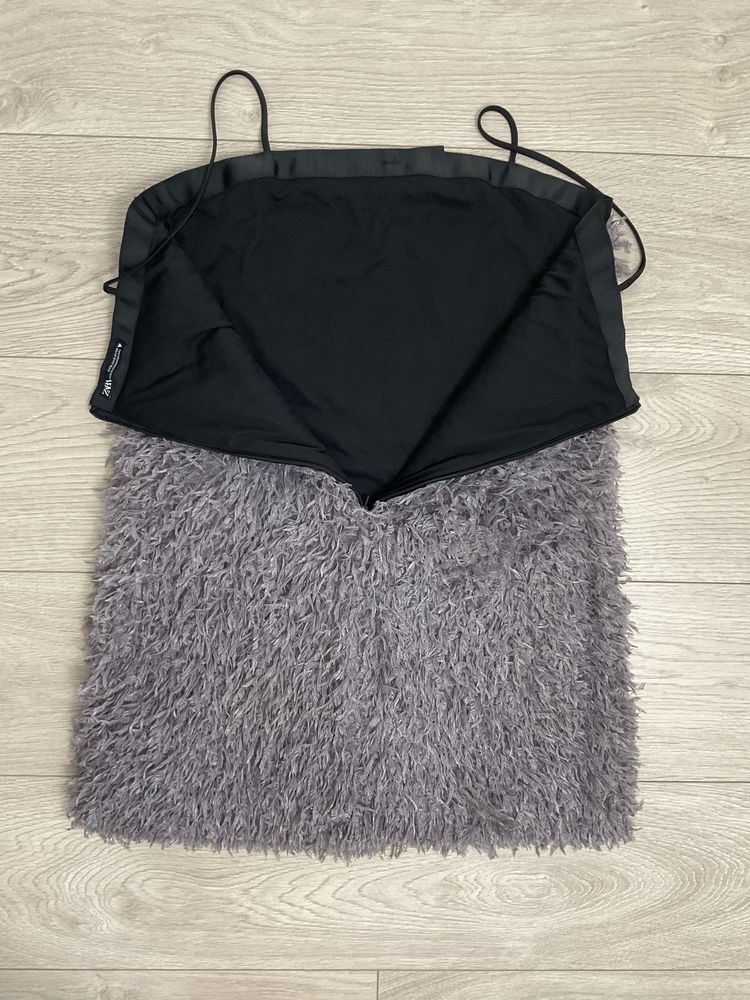Zara sukienka mini z piór S fioletowa na ramiączkach idealny stan part