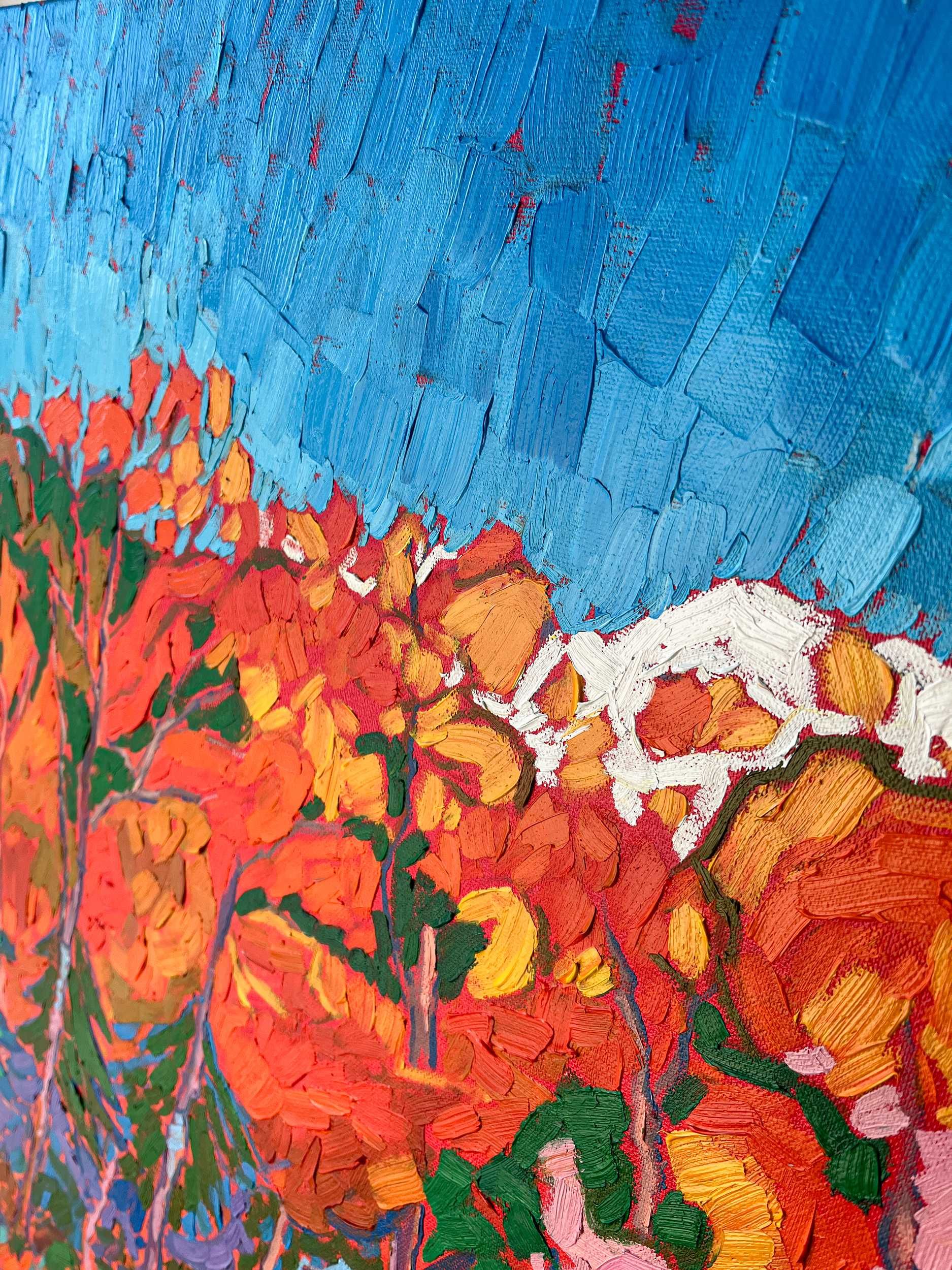 Oryginalny obraz olejny jesiennych drzew teksturowany impasto 60x80cm