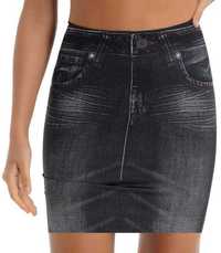 Женская черная утягивающая юбка с имитацией джинсовой ткани