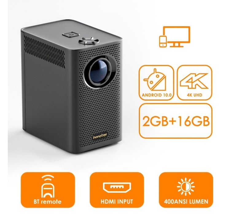Portable Android 10 Projector, 2/16 GB, Wi-Fi and Bluetooth, White, SEALED64550224141443122