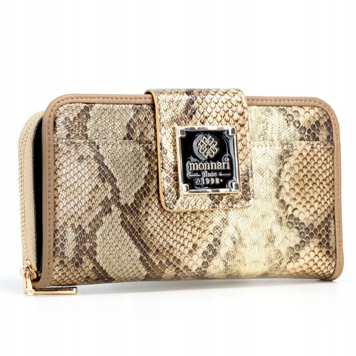 Portfel Damski MONNARI Elegancki Mały Skóra Eko Wzór Węża Złoty Beżowy