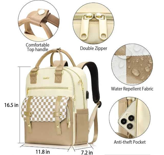 Plecak damski, na laptopa 15,6 cala z portem USB, beżowy