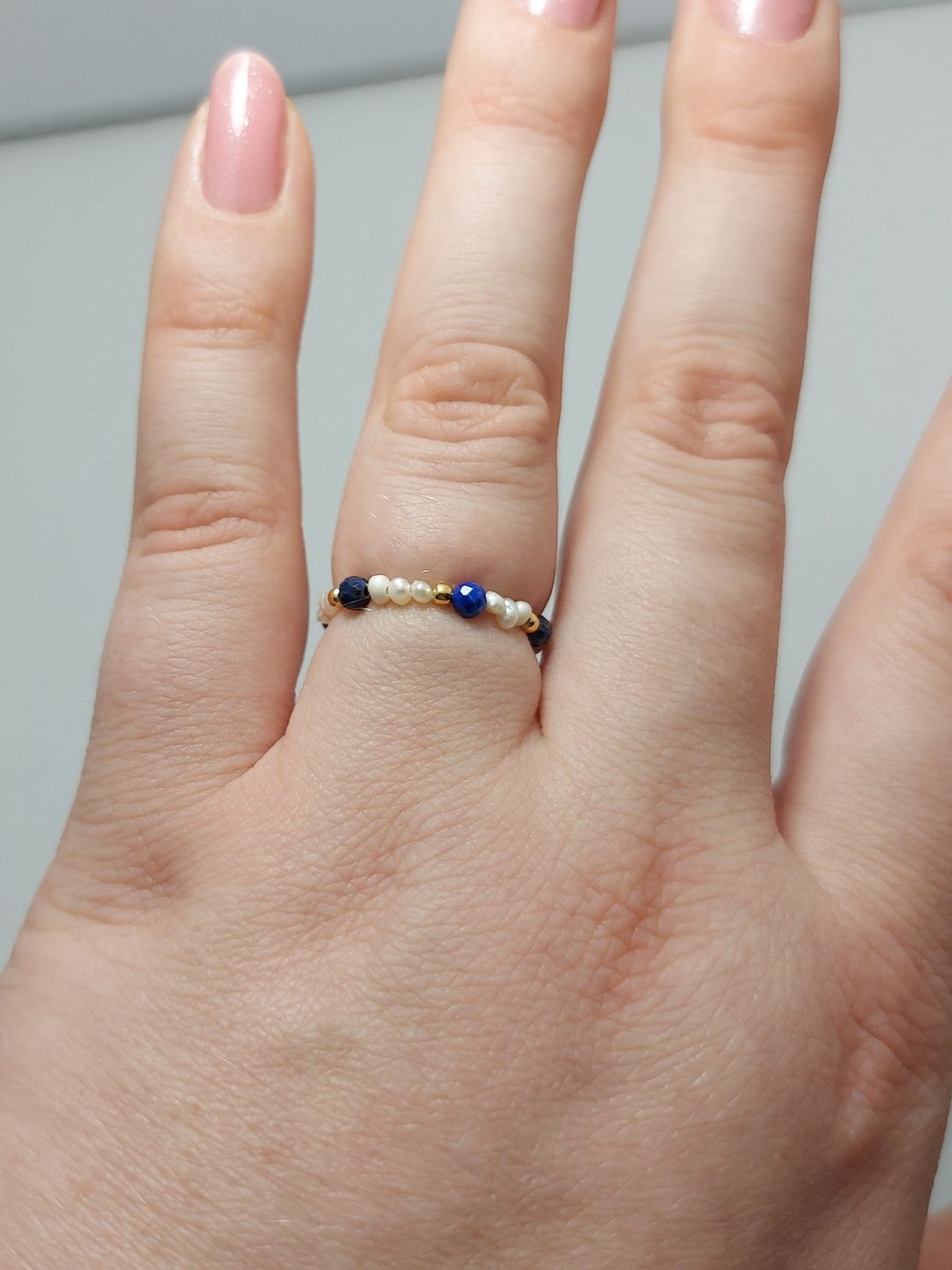 Pierścionek elastyczny kamienie perły naturalne lapis lazuli