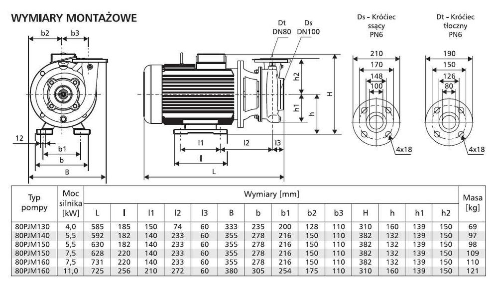 Pompa do wody LFP 80 PJM 150 z silnikiem 5,5 kW 2900 obr/min