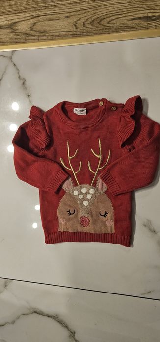 Sweter świąteczny Mikołaj czerwony renifer zloty bawełna 74 80