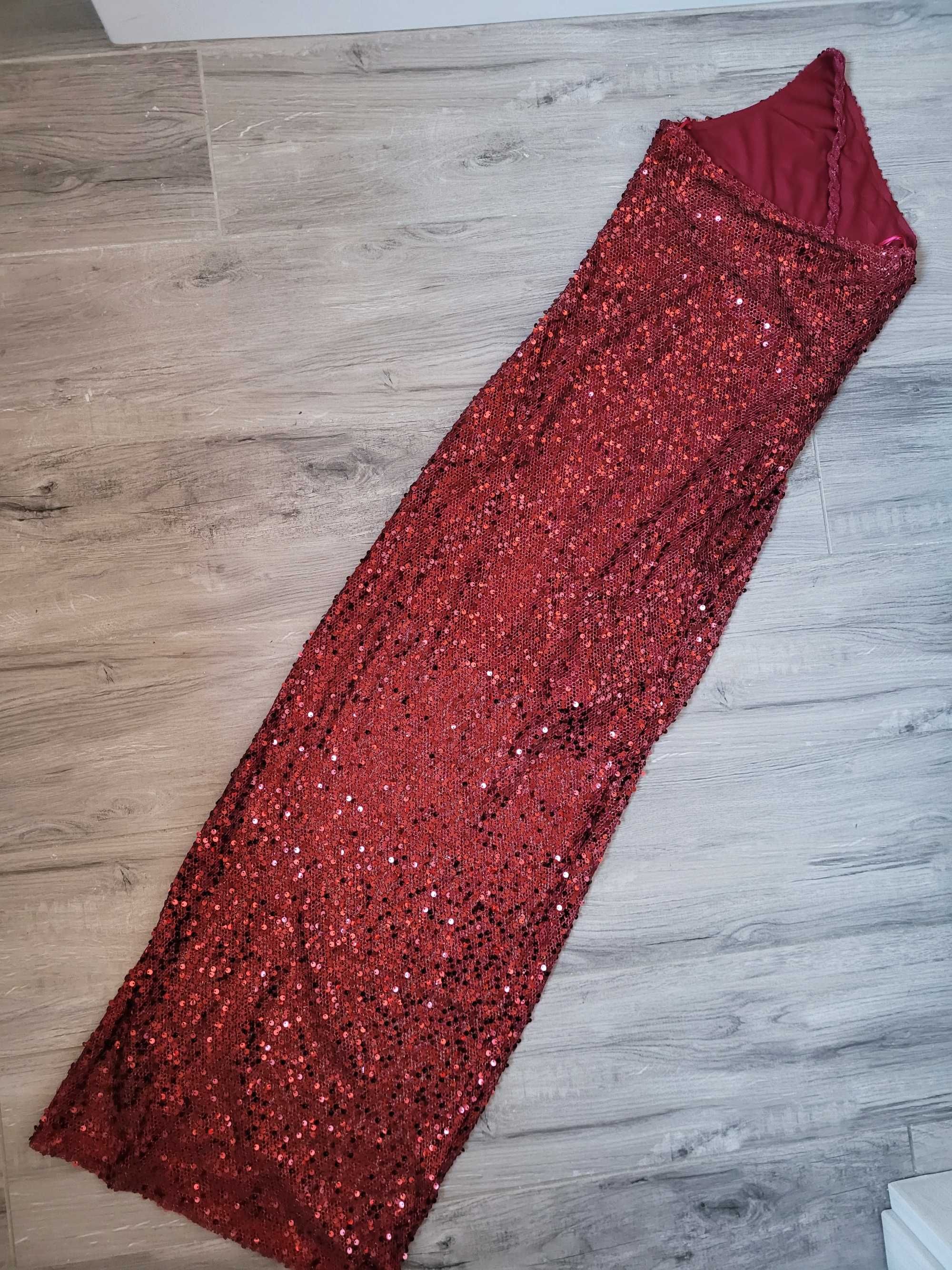 Cekinowa sukienka midi na jedno ramię cekiny połysk S