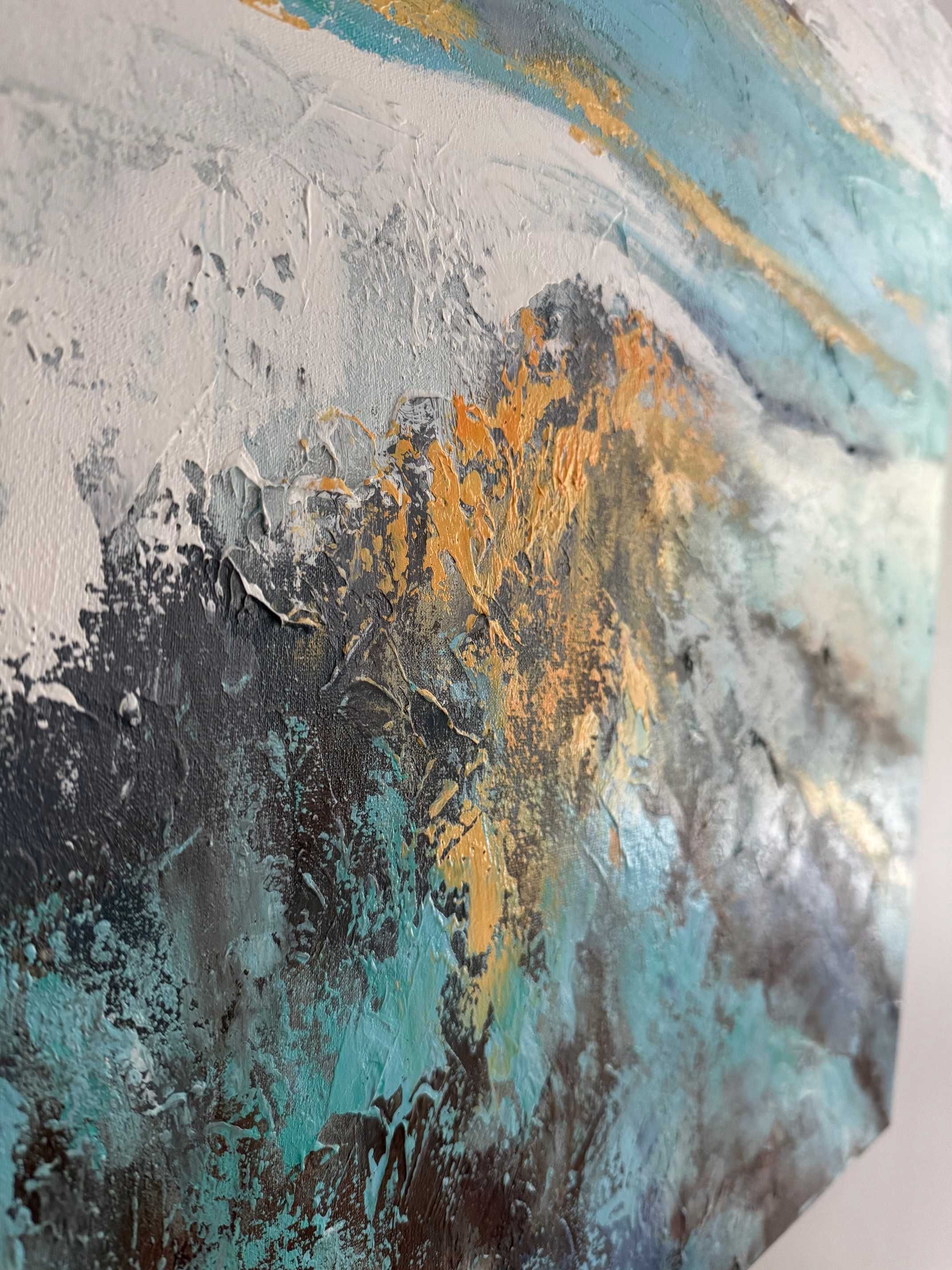 Abstrakcyjny Obraz olejny ręcznie malowany 60x60cm turkus i zółty