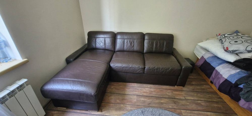 Sofa/kanapa, rozkładana, skórzana, brązowa, narożnik (pojemnik na pośc