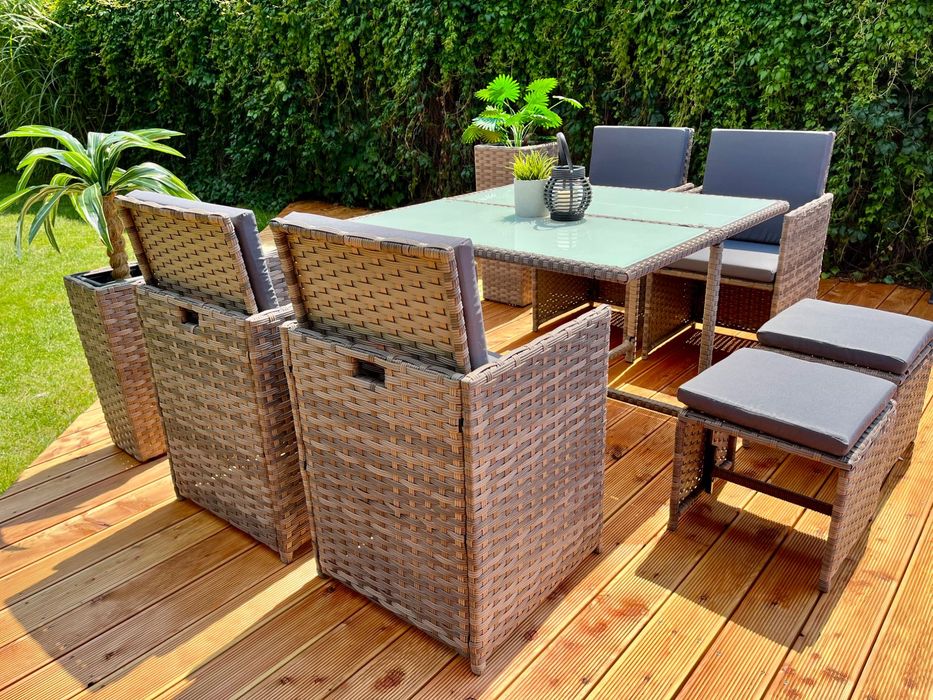 Zestaw Korfu technorattan dwa kolory stół 4xfotel 4xpufa