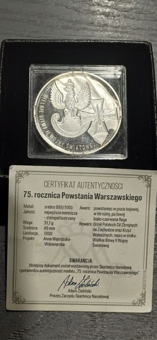Vintage 75 rocznica Powstania Warszawskiego  srebro 999/1000