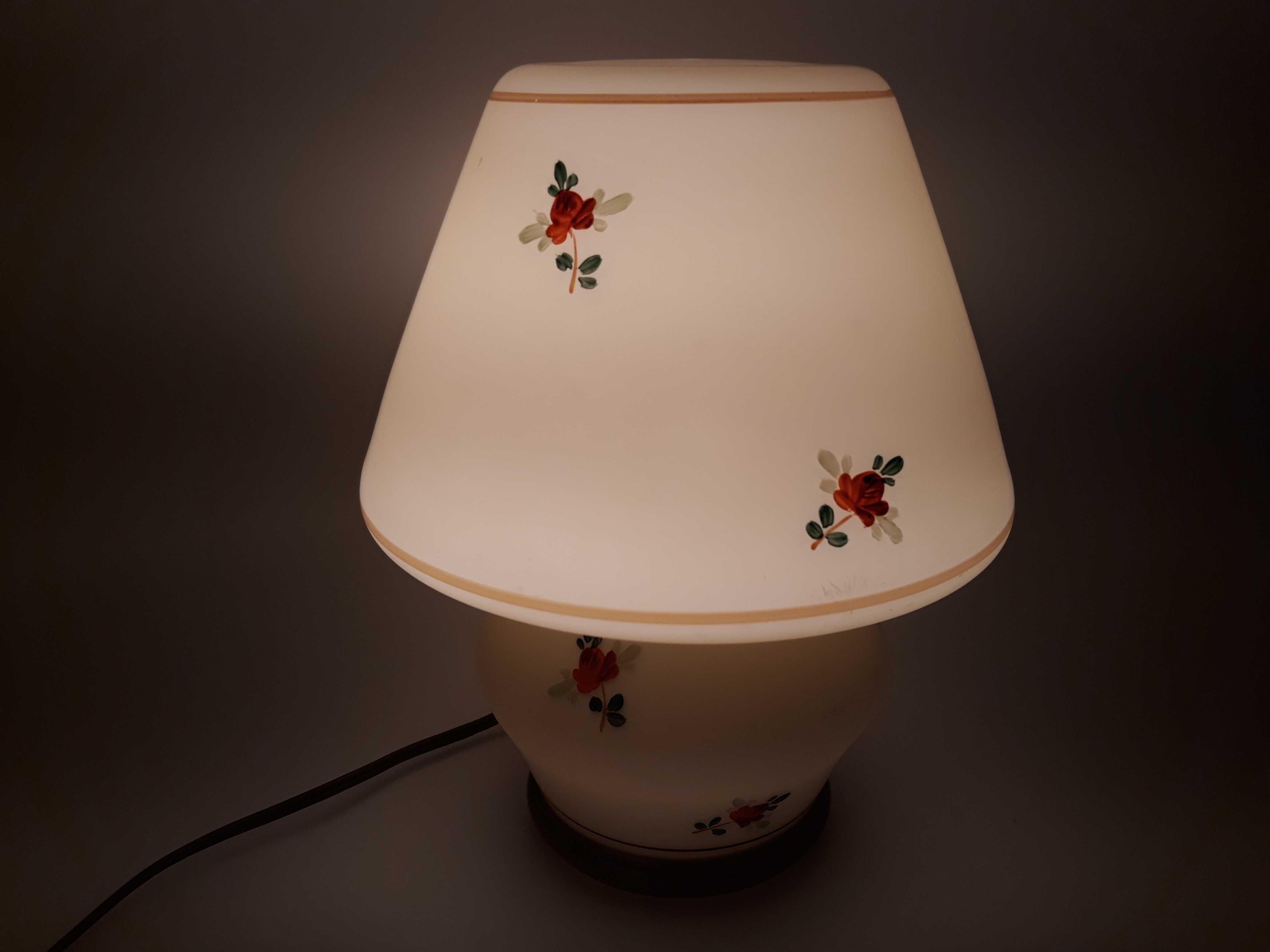 Lampa stołowa nocna szklany kremowy grzybek kwiaty ręcznie malowane