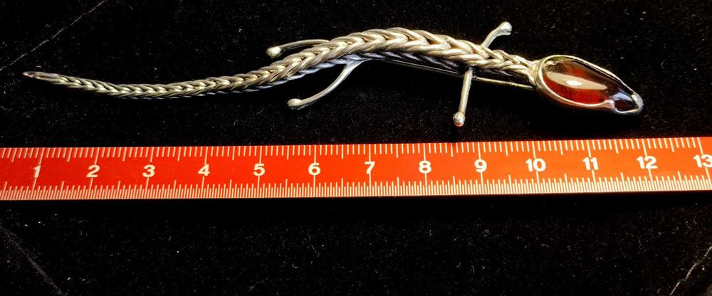 Srebro Bursztyn Piękna Duża Srebrna  Brosza z Bursztynem Antyk Secesja