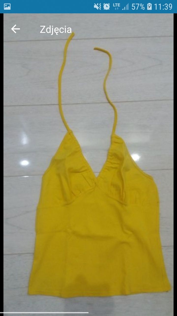 Bluzka damska koszulka top odkryte plecy ramiona żółta wiązana S 36
