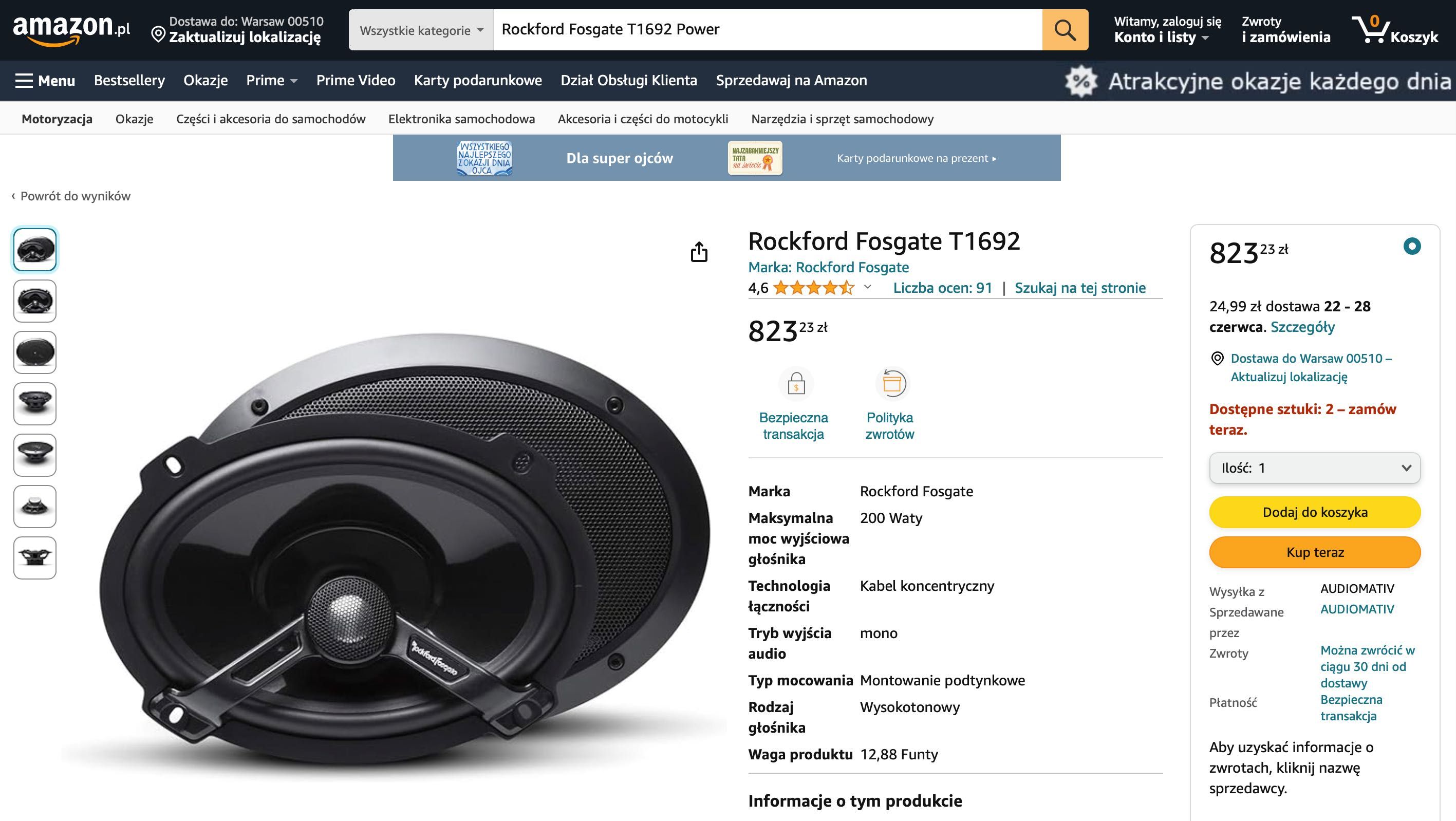 Głośniki samochodowe Rockford Fosgate T1692 Power 2-Way NOWE