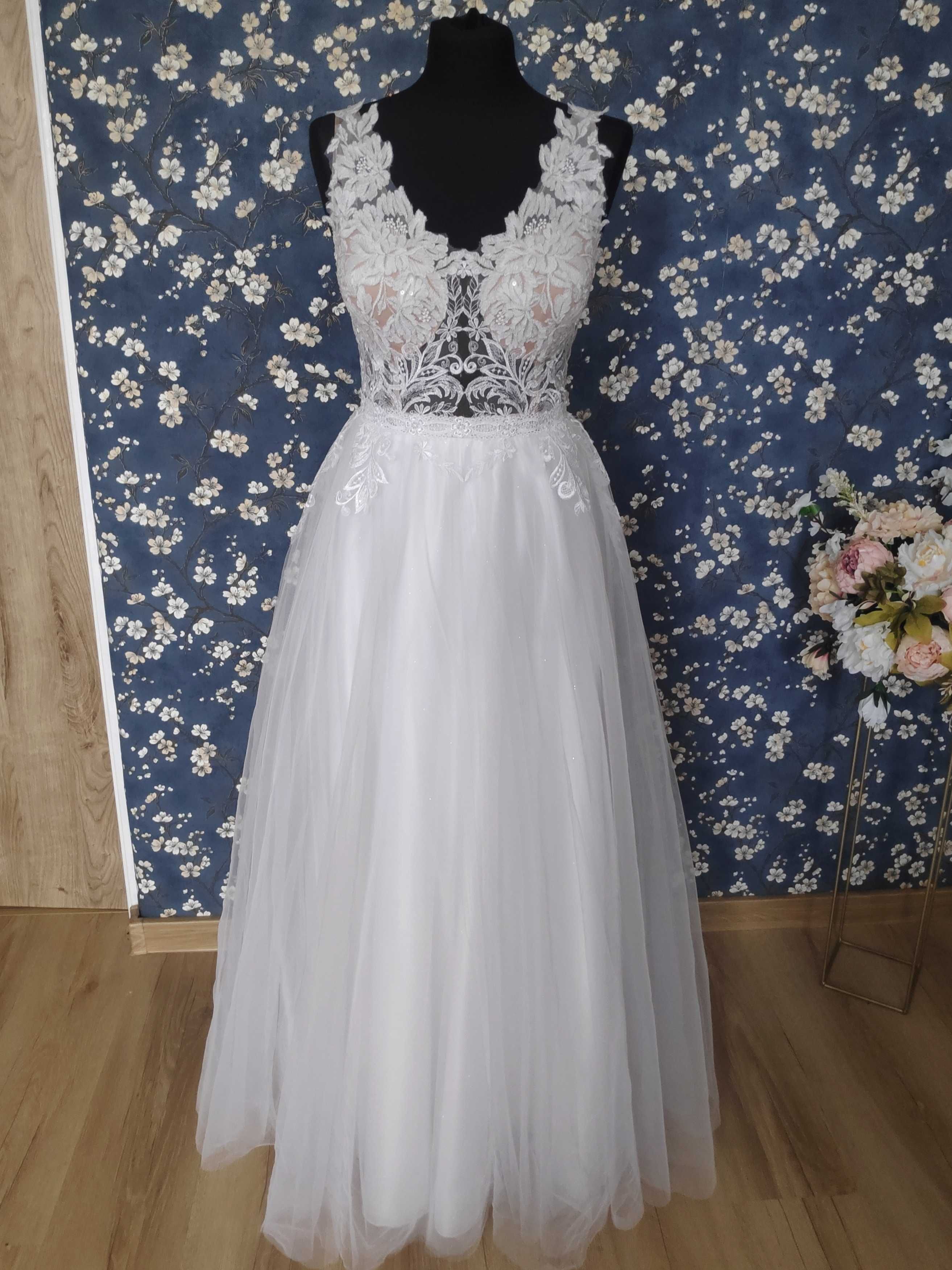 suknia ślubna biała z brokatową spódnicą Nowa