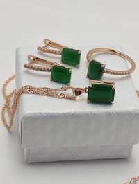 Komplet biżuterii pozłacanej 585 z zielonymi cyrkoniami