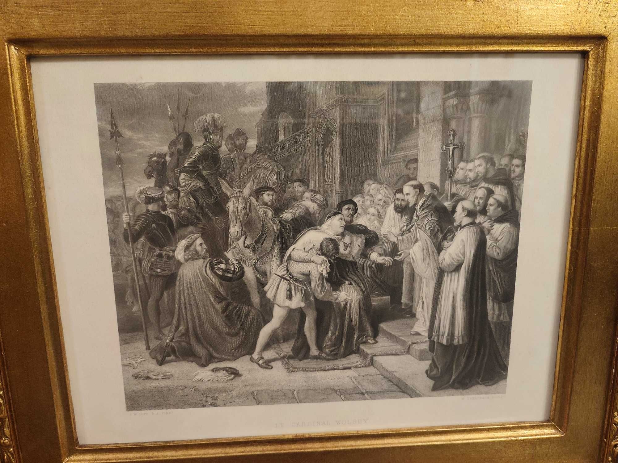 Quadro  moldura de madeira dourada passpartout, gravura preto e branco