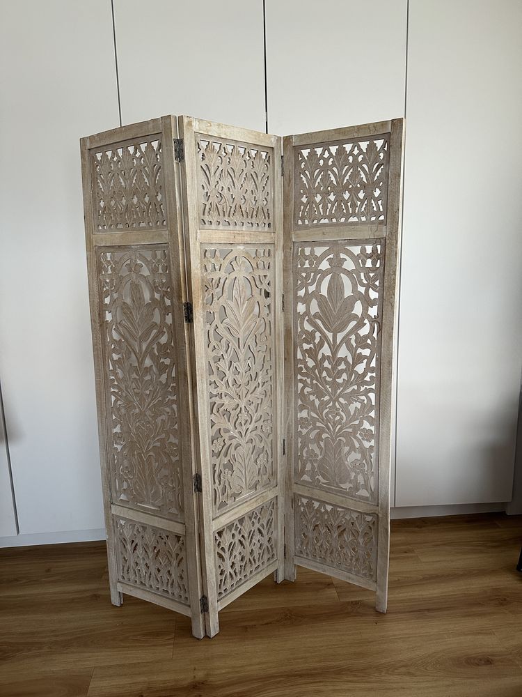 Parawan 3 panelowy, rzeźbiony, biały, drewno mango