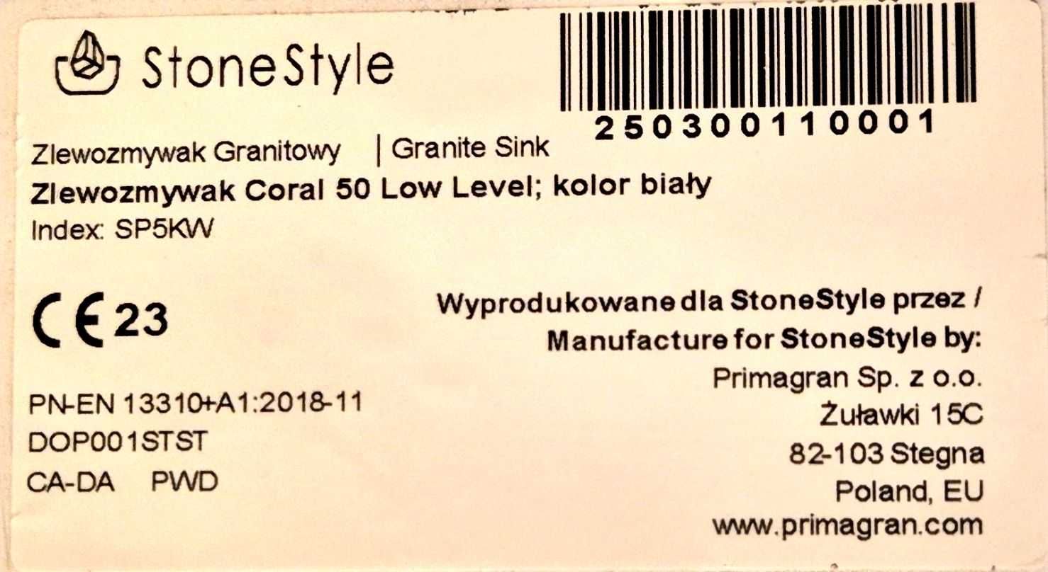 Zlewozmywak Coral 50 Low Level granitowy podwieszany biały