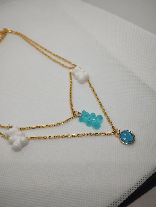 Łańcuszek z zawieszkami podwójny naszyjnik misie emotki błękit preppy