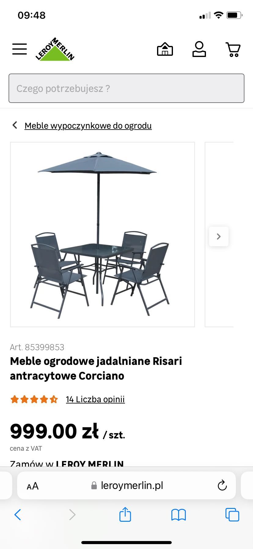 meble ogrodowe 4 krzesła, stół, parasol