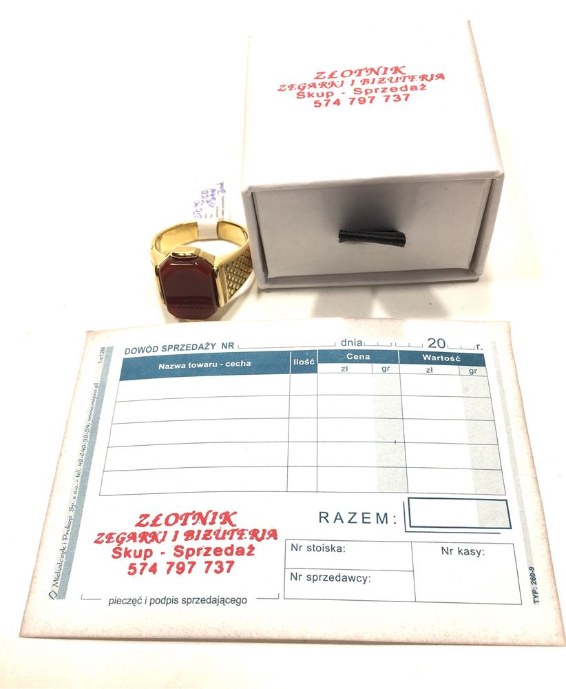 Złoty męski sygnet z Czerwonym Onyxem nabita próba 750 pozłacany 18K