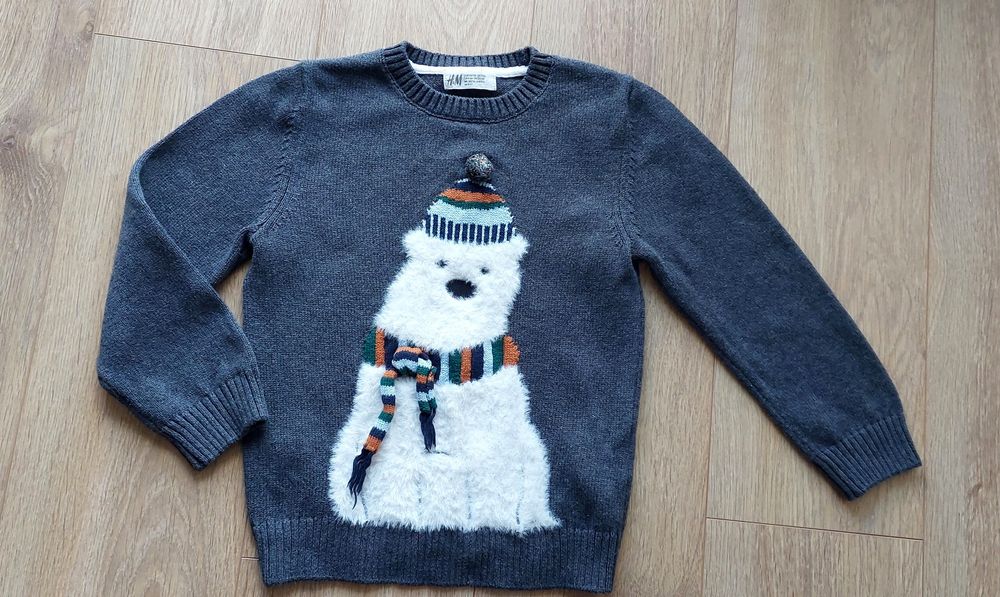 H&M r.110-116 szary sweterek z misiem, Christmas, Boże Narodzenie
