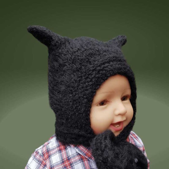 Czapka Czarny Kot,  kotek 36/38  niemowlę alpaka/jedwab
