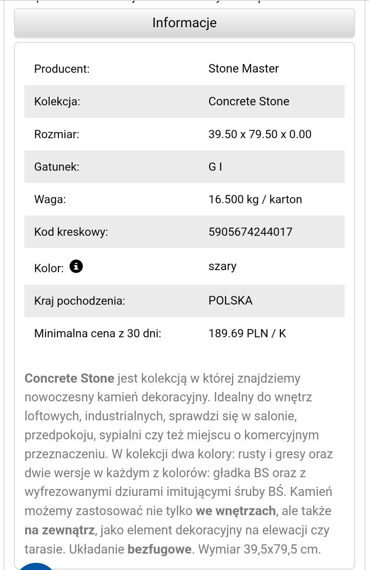 Płyta architektoniczna Concrete stone grey 39.5x79.5