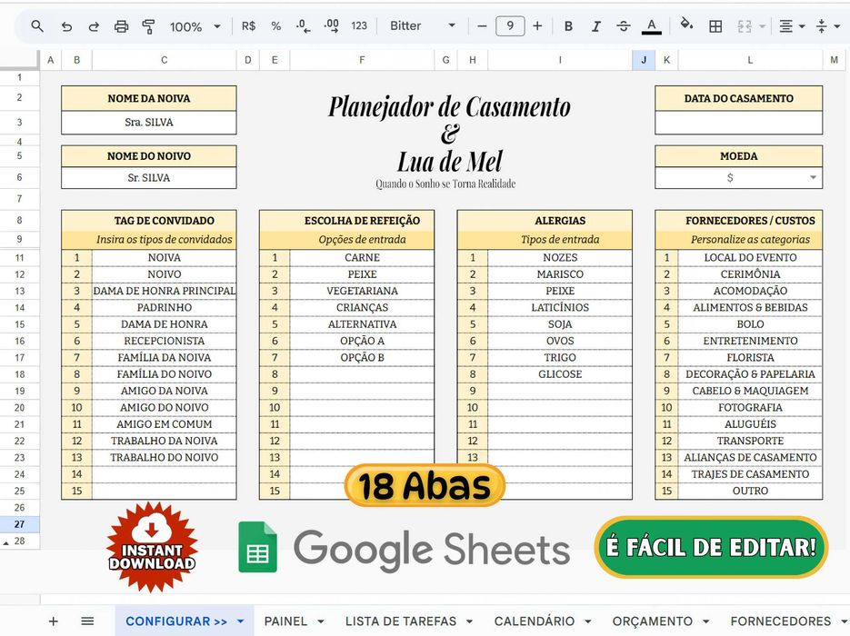 Planejador de Casamento e Lua de Mel - Pacote de Planilhas - 18 Abas !