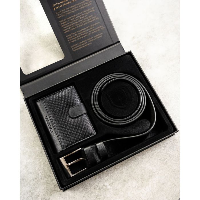 zestaw prezentowy: skórzany, pionowy portfel męski w czarnym kolorze
