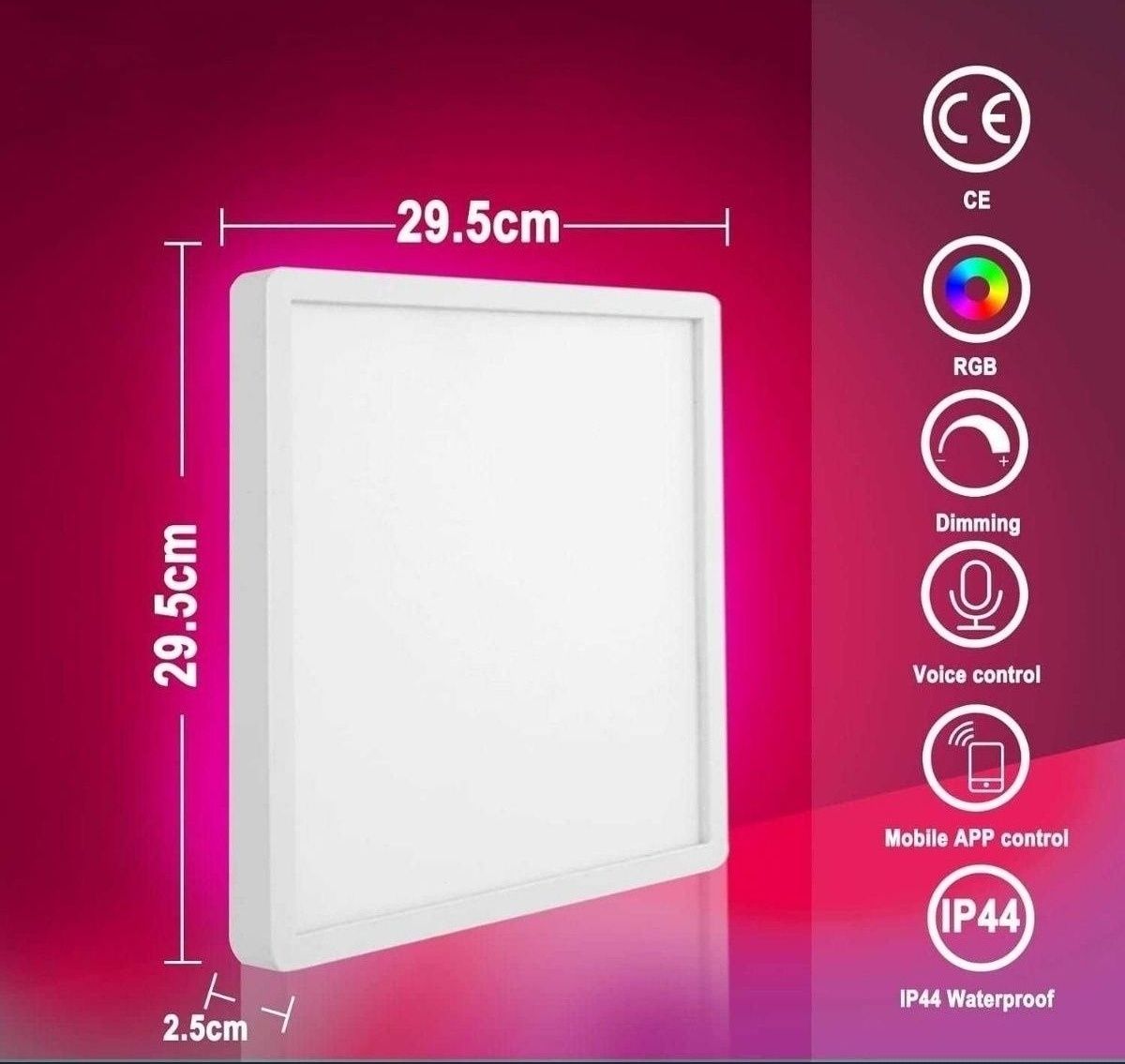 Plafon LED RGB, 24 W, IP44, kwadratowy, 29,5 x 29,5, aplikacja